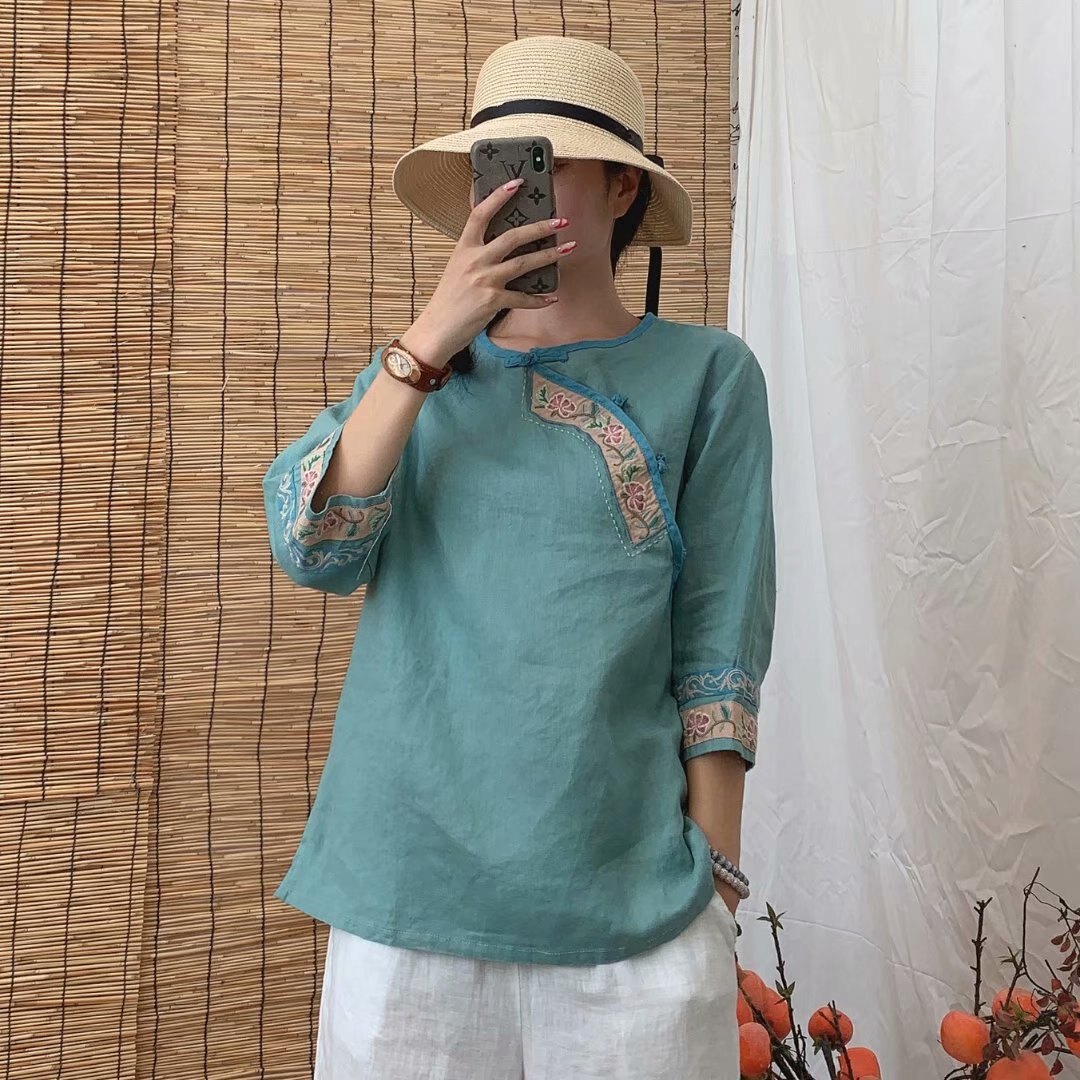 2021年秋裝新款 復古民族風亞麻刺繡襯衫 圓領盤扣九分袖茶服上衣