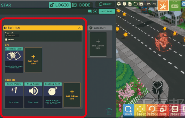 9.另在If和Then的區塊中不限定只能添加單張邏輯卡，例如「如果碰觸到星星」，就可以加入「獲得1分」、「開啟音效」、「星星消失」的卡片組合。