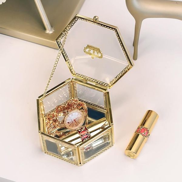 歐式簡約玻璃化妝品收納盒桌面梳妝臺口紅首飾整理盒小號便攜防塵