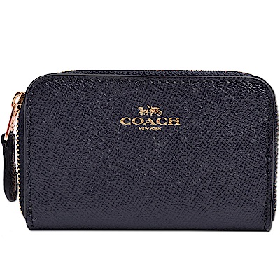 COACH 燙金LOGO防刮全皮革拉鍊名片夾/零錢包-沉穩藍