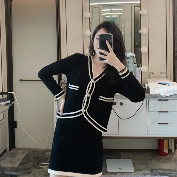 VK精品服飾 韓系撞色針織毛衣外套短裙套裝長袖裙裝