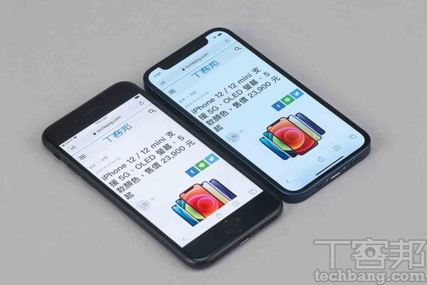 5.4吋的iPhone 12 mini因為全螢幕的設計，外型比今年推出的4.7吋iPhone SE還小一些，且可顯示內容更多。