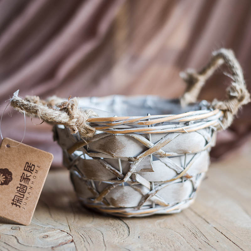 掬涵 柳編木片花盆花籃花器小提籃 裝飾手工藝品 收納擺件天然