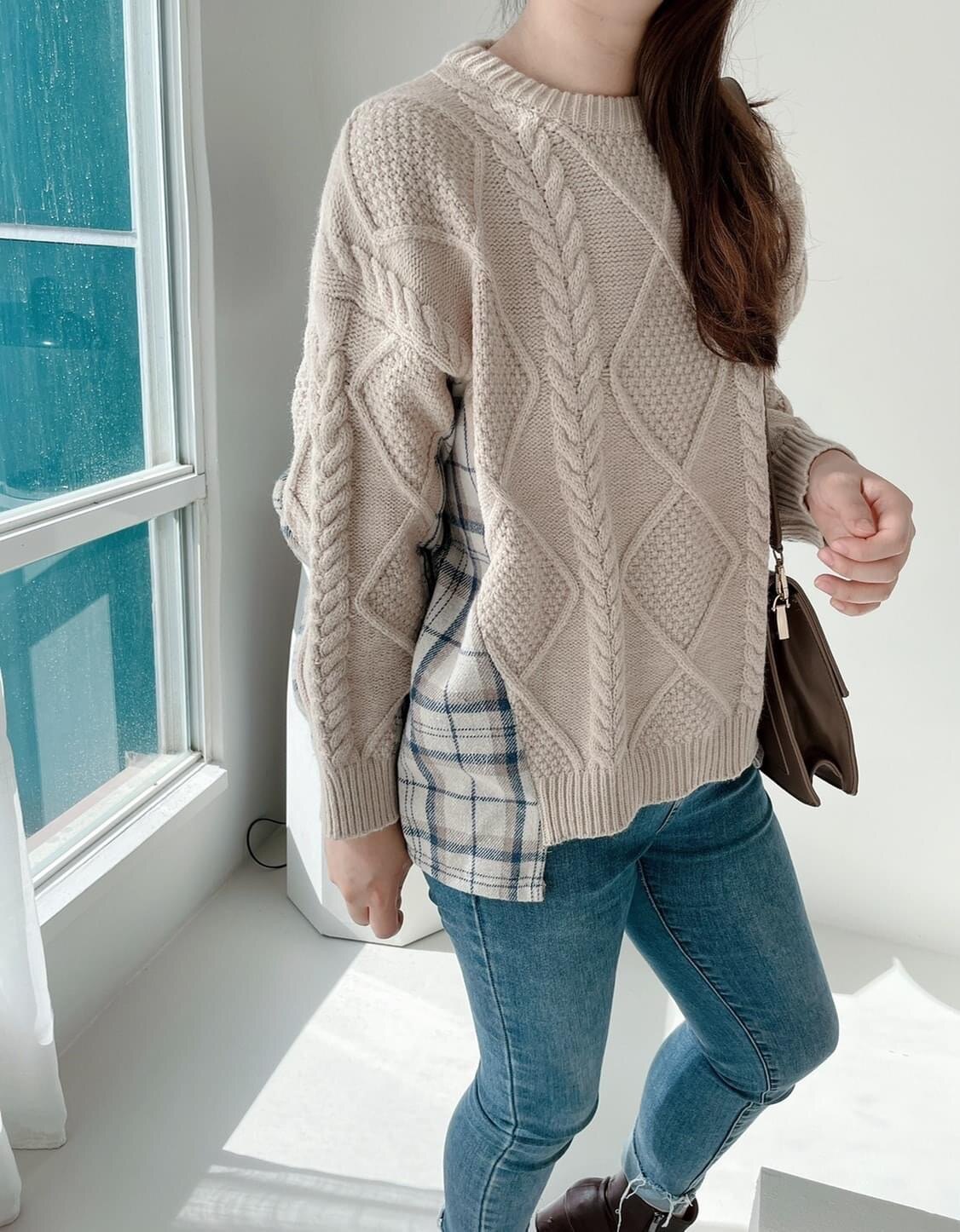 韓國麻花拼接格紋針織上衣