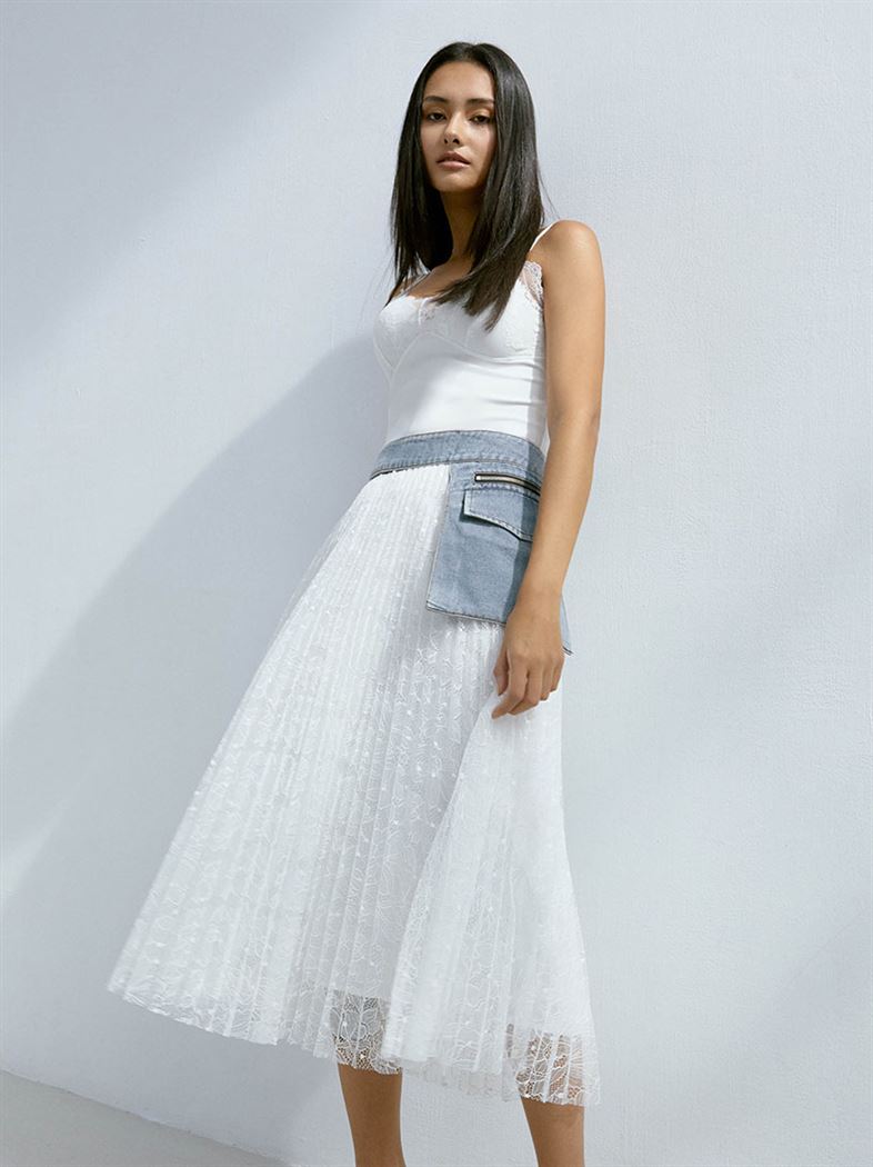 蕾絲壓摺可拆式牛仔口袋長裙