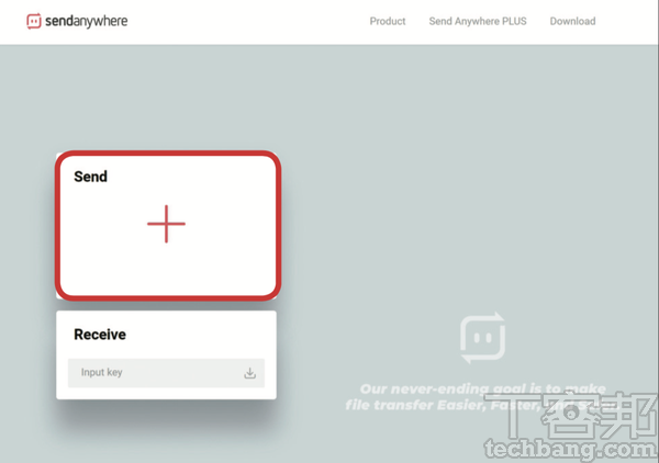 1.以電腦傳至手機為例，開啟Send Anywhere網頁，可看到傳送及接收兩個視窗，按下「+」的圖示選擇要傳送的檔案。