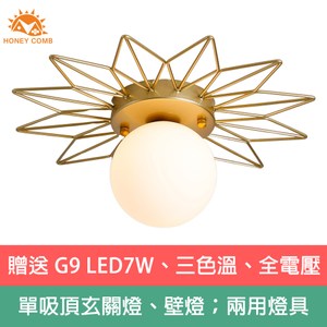 材質：金屬烤漆、白玉玻璃球 光源：贈送 G9 LED7W、三色溫燈泡、全電壓 單吸頂玄關燈、壁燈；兩用燈具