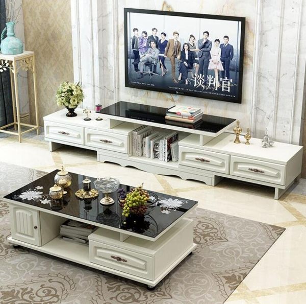 歐式電視櫃茶幾組合小戶型客廳鋼化玻璃伸縮地櫃現代簡約電視機櫃