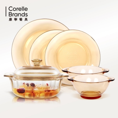 美國康寧 Corningware 稜紋晶鑽鍋0.8L+PYREX餐盤組★晶透超值6件組