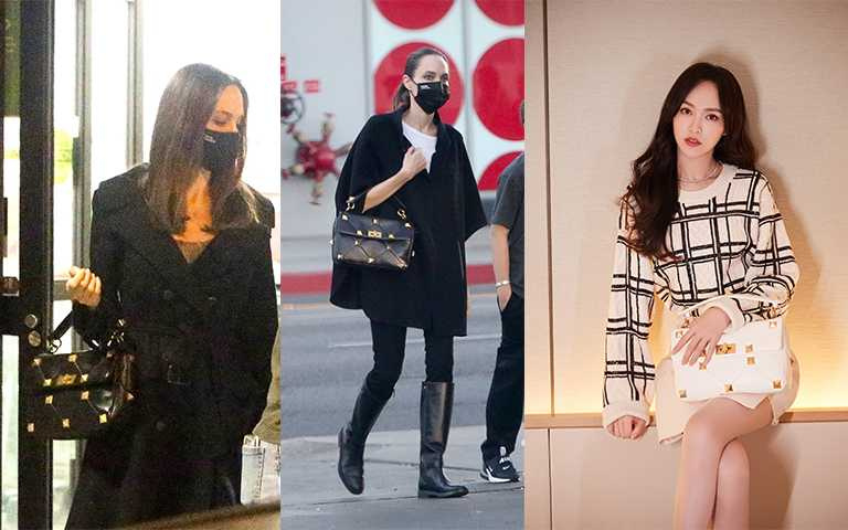  好萊塢女星安潔莉娜裘莉、中國女星唐嫣，以黑白色包款展現日常個性穿搭。(圖／Pinterest，Valentino提供) 