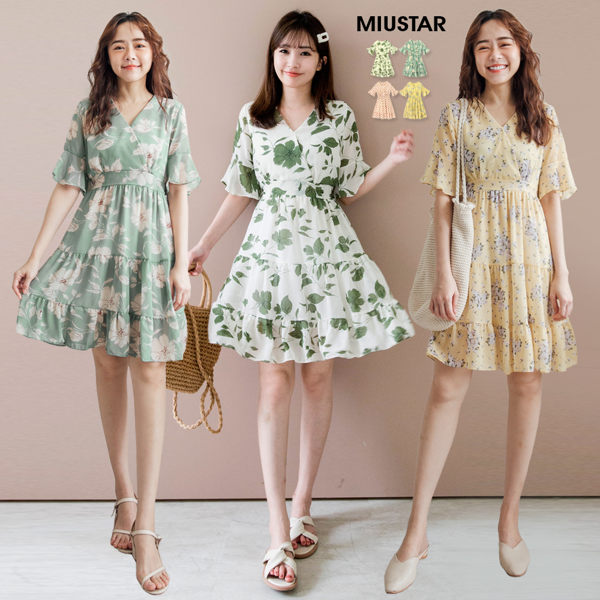 ★夏裝上市★MIUSTAR 很有氣質V領荷葉袖印花雪紡洋裝(共4色)【NG001265】現貨+預購