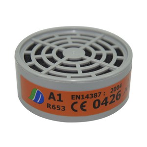 A1等級有機氣體和蒸氣過濾罐 可使用於工廠型號RM605防護口罩 尺寸：直徑78mm x H 28mm