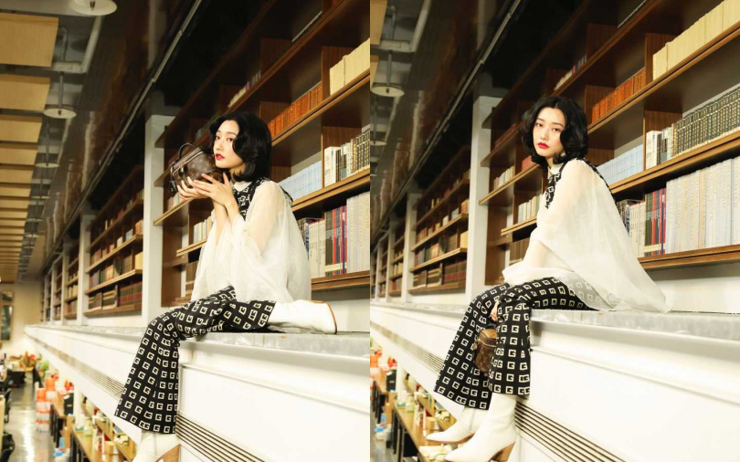 GUCCI Silk Organdy Shirt with Pleated Sleeves 襯衫／59,000元、Square G Print Faille Short Dress 洋裝／67,500元、Square G Print Faille Flare Pant 長褲／35,500元；CELINE 蜥蜴紋小牛皮CUBAINE短靴／32,500元；LOUIS VUITTON Vanity PM 手袋／81,500元（圖／戴世平攝）