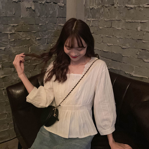 法式方領上衣秋季2019新款韓版收腰顯瘦荷葉邊襯衣長袖白襯衫女裝