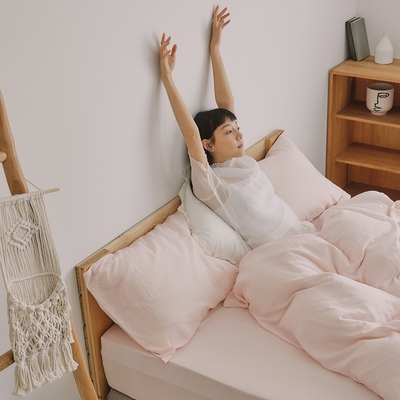 翔仔居家 頂級長絨棉 色織雙層紗系列 薄被套&床包4件組-茱萸粉 (加大)