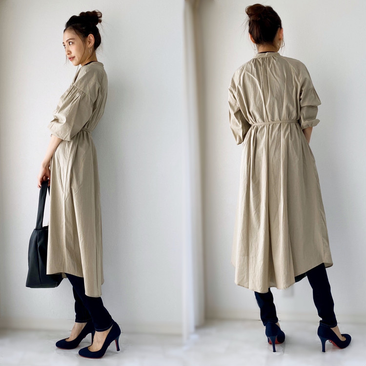 Gu新作 バンドカラーギャザーワンピで着回しコーデ