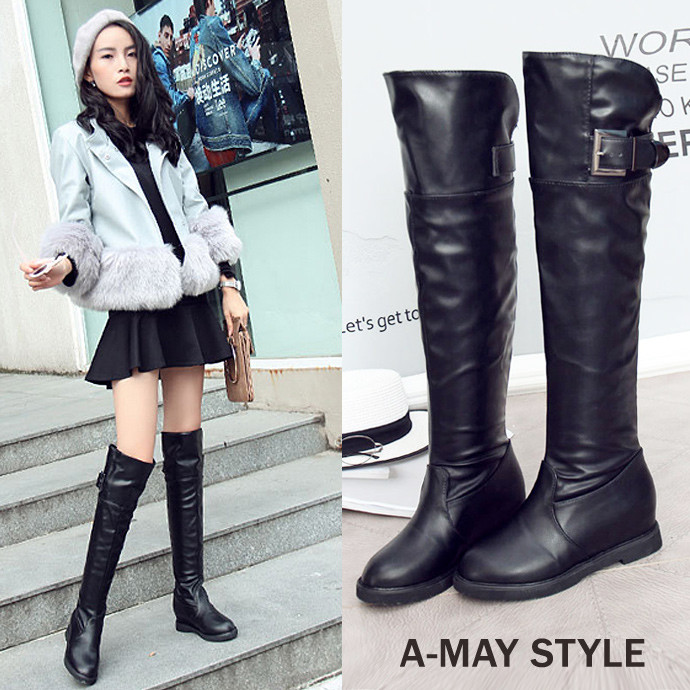 長靴-性感顯瘦過膝長靴【XK156846】 ※版型偏小一碼 日系職人風 簡約設計感 ※商品規格： 顏色：黑 尺碼：36-40 材質：PU 內裡：反絨內裡 鞋底：橡膠底 鞋跟：厚底+內增高 版型：偏小一