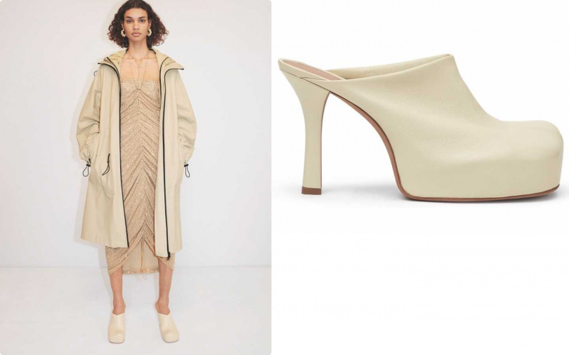 特殊的方頭穆勒鞋，讓柔美的洋裝也能展現摩登感。BOTTEGA VENETA BOLD 厚底白色羊皮方頭高跟鞋／30,900元（圖／品牌提供）