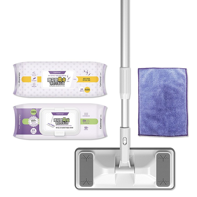 Catchmop 輕巧平板拖把居家4件超值組(1桿+1布+50乾巾+30濕巾)