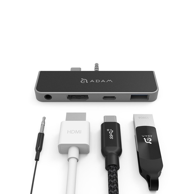 - 專為Microsoft Surface Go設計的USB-C 四合一集線器，包含USB-C PD 快充、USB-A、HDMI、3.5公釐耳機插孔功能