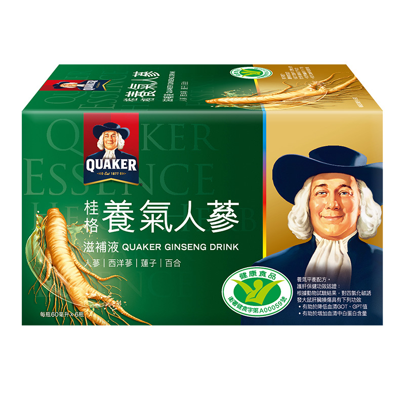 桂格以豐富的食品科技經驗，將人蔘皂?精華濃縮在桂格養氣人蔘中 精選西洋蔘、白蔘等珍貴素材，真材實料 有助於補充元氣、旺盛精神 唯一獲得國家健康食品護肝認證的人蔘滋補液 ※ 製造日期與有效期限，商品成分