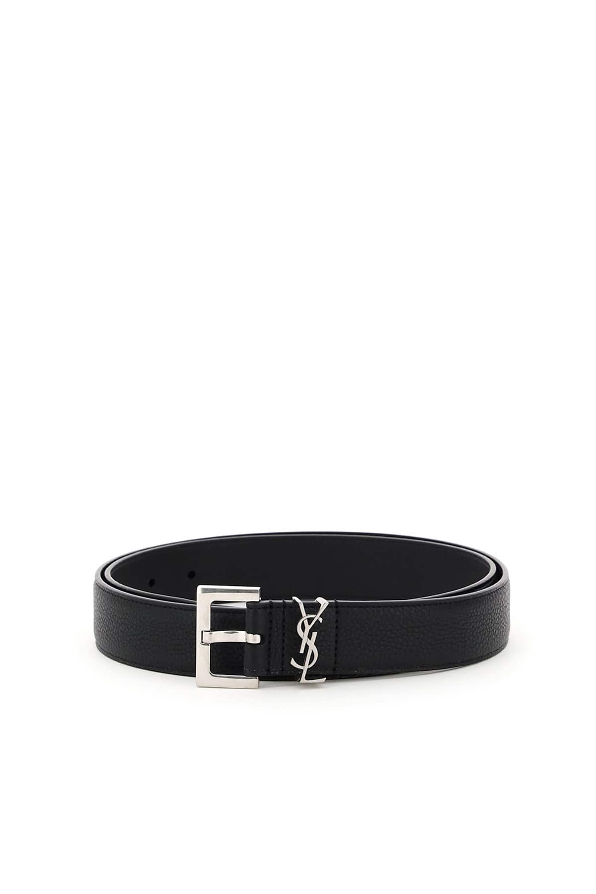 Saint Laurent grain leather belt with silver-tone metal square buckle and metal loop in the shape of