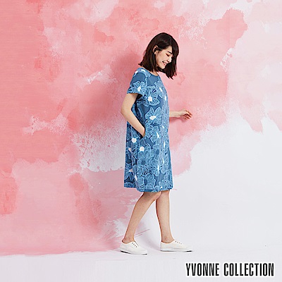 YVONNE 棉麻花卉圓領短袖洋裝-藍