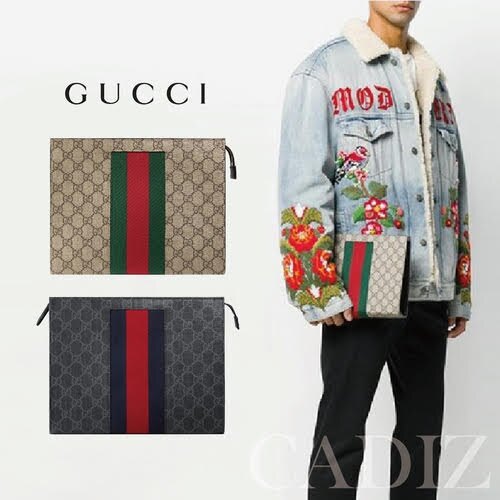 【刷卡滿5000享11%點數回饋】｜預購 義大利正品 GUCCI GG Supreme Web pouch 米黑色帆布復古手拿包 475316▶ 雙11購物節