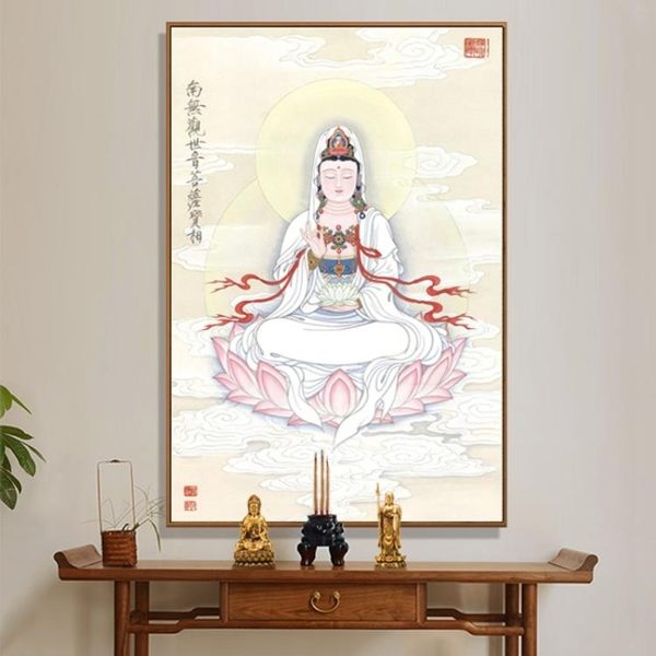 南海觀世音菩薩掛畫像書房中式玄關裝飾畫西方三圣佛像中堂供奉畫