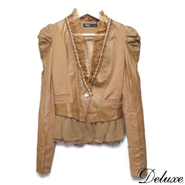 【Deluxe】歐美飄逸雪紡水鑽扣公主袖皮外套(咖)