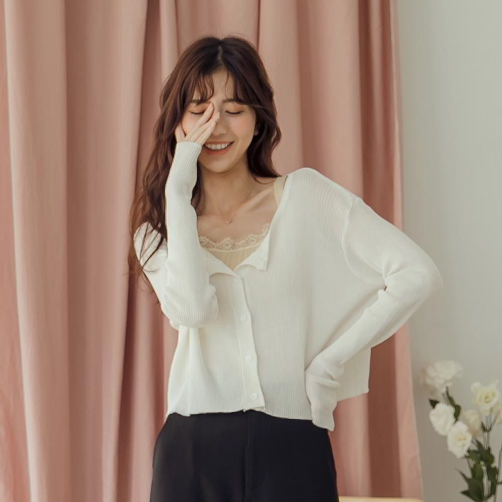 露比午茶-RCha。素色圓領短版薄針織外套