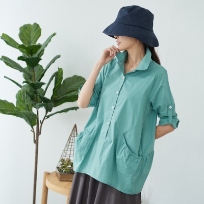 慢 生活 設計款口袋素色上衣- 綠