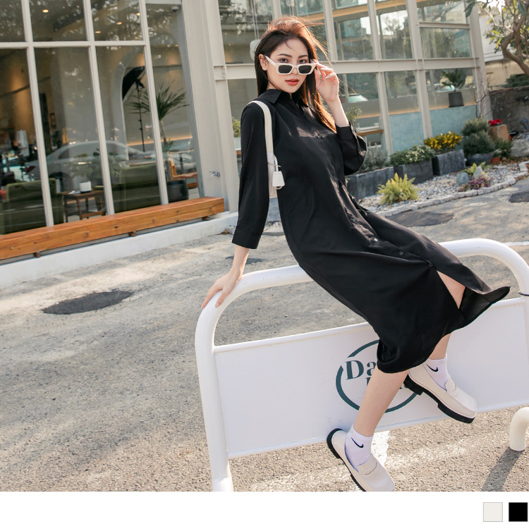 純色收腰綁帶七分袖襯衫長洋裝