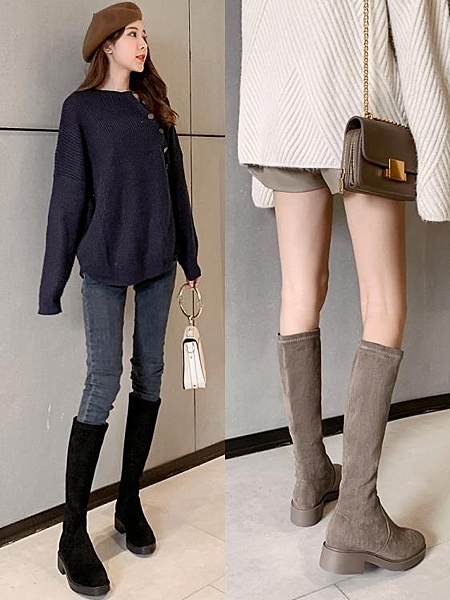 彈力靴子女長靴2019秋冬高筒靴粗跟長筒靴中筒靴小個子不過膝單靴咨詢商品可加line：kt4396