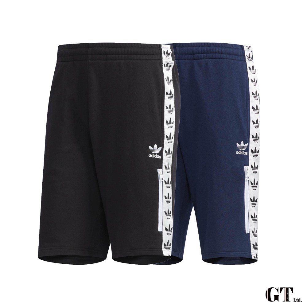Adidas Originals 黑/藍 五分短褲 串標 運動 休閒 鬆緊 棉褲 五分褲 三葉草 Logo