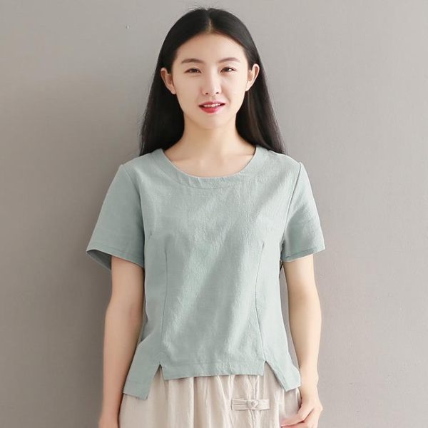棉麻上衣 2019年夏季新款復古修身短款圓領短袖亞麻純色T恤女IP2807『愛尚生活館』
