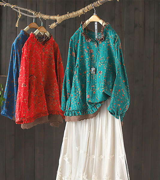 棉麻碎花襯衫蕾絲花邊假兩件長袖上衣