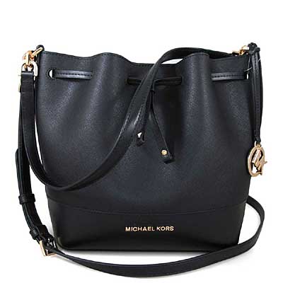 MICHAEL KORS TRISTA 金字Logo圓標防刮皮革兩用水桶包(黑色)