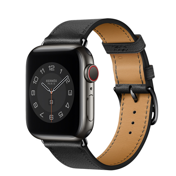 Apple Watch Hermès (GPS + 行動網路)；40 公釐太空黑色不鏽鋼錶殼；Noir 黑色 Single Tour 錶帶