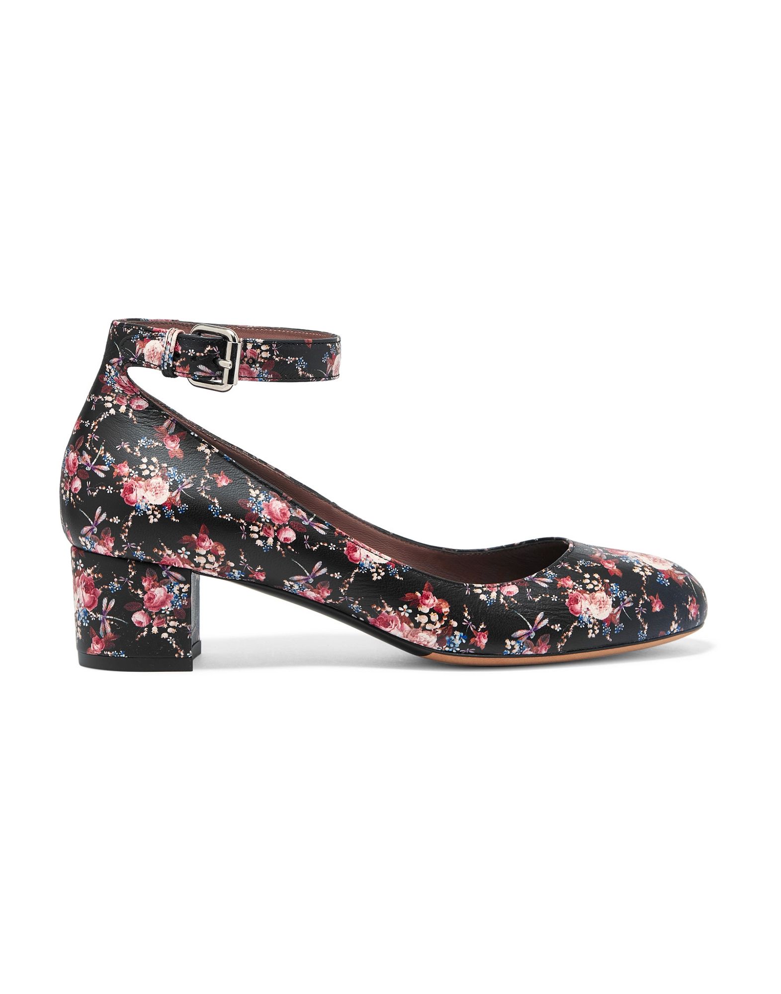 nappa leather, no appliqués, floral design, buckling ankle strap closure, round toeline, square heel