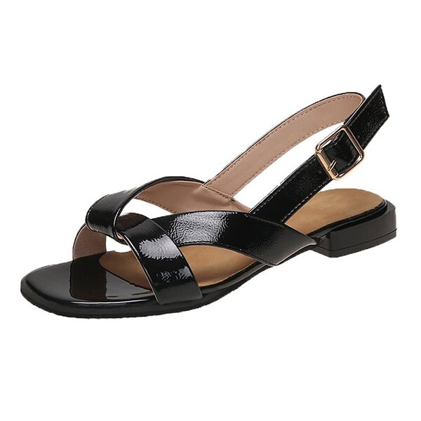 【大尺碼】10EE547 預購 亮面粗帶交叉平底涼鞋-黑/米-36-42【ZALULU愛鞋館】