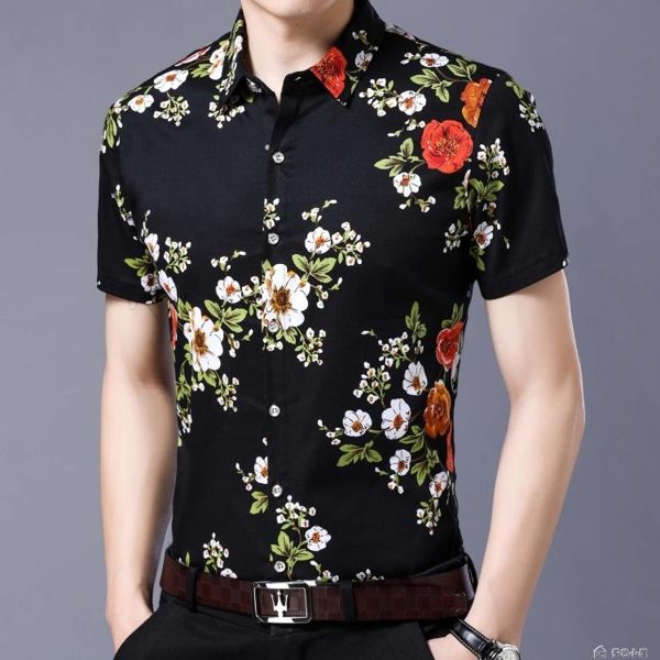 夏季中年男士短袖花襯衫純棉白色襯衣男全棉半袖碎花寸衣爸爸裝現貨清倉7-4