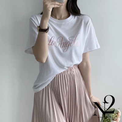 上衣 正韓棉質Ｕ領英文洛杉磯文字T短袖上衣(白)N2