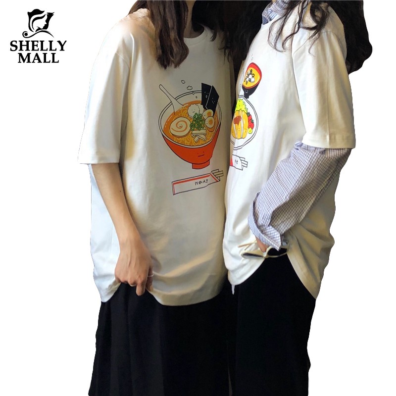 [優質現貨] 兩件套 套裝 T恤 短袖女上衣 圓領拉麵菜餚印花短袖T恤 襯衫 格子長袖襯衫 姐妹裝 女生衣著 希希家