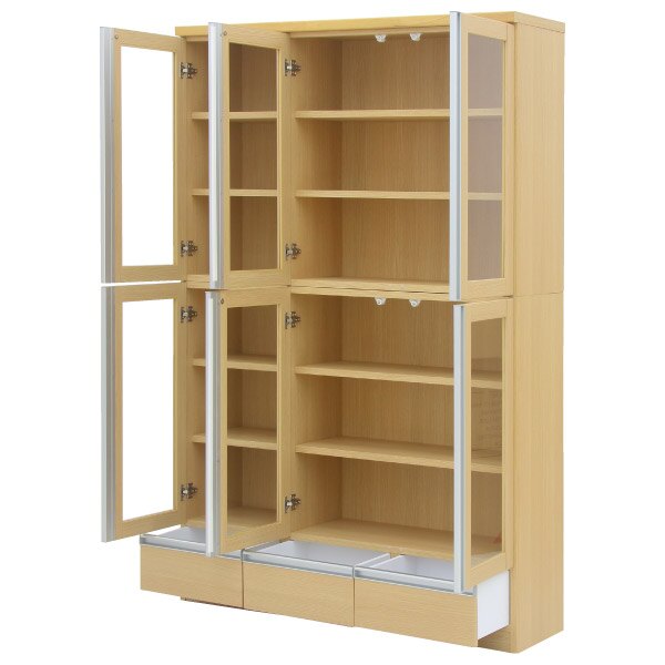 簡約美觀木質書櫃 ●深度35cm的薄型設計，總高約達181cm，既不佔空間又具有豐富的收納功能。 ●透明玻璃門板設計，可清楚明瞭櫃子內部的物品。 ●層板空間間距大，能收納雜誌、光碟