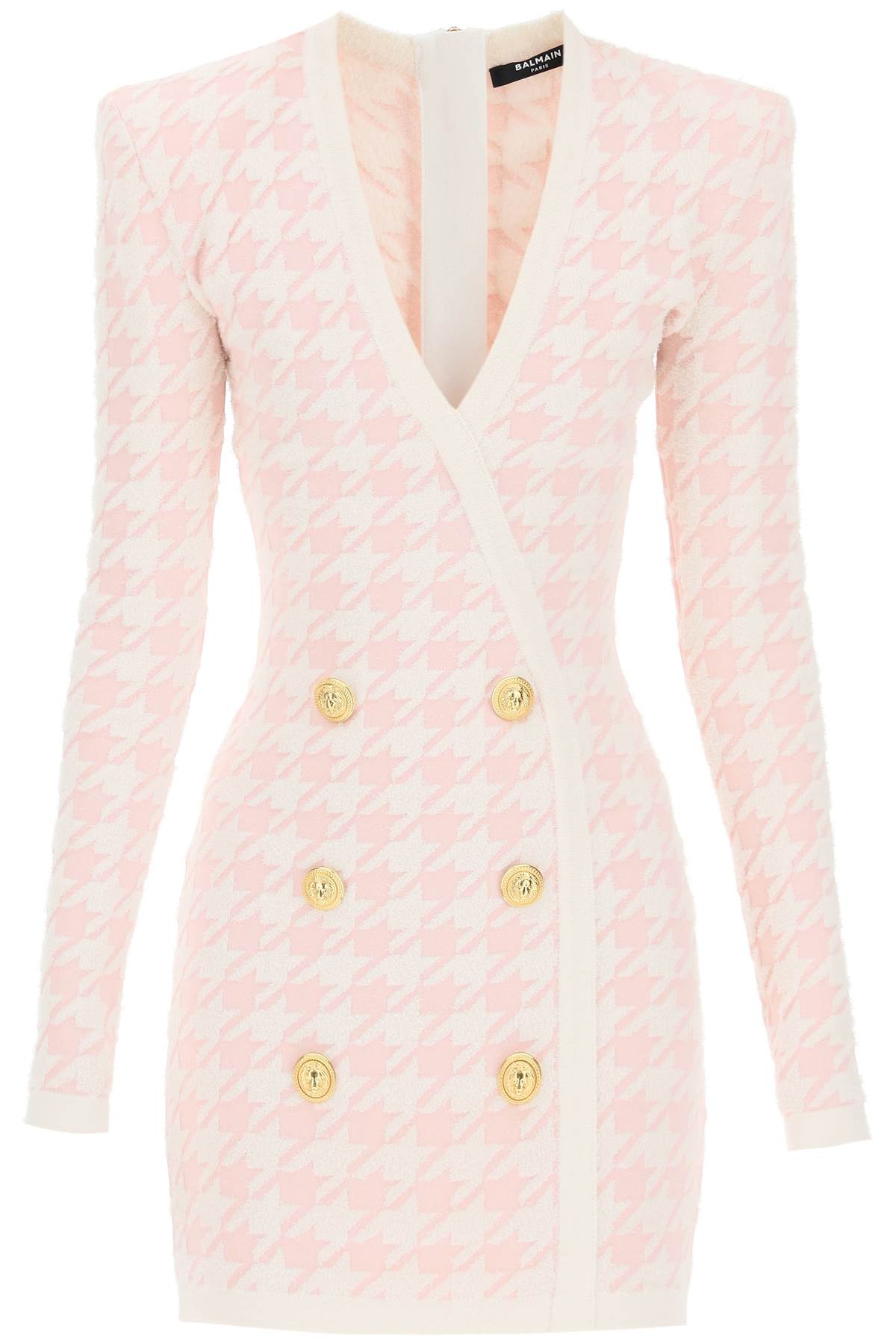 BALMAIN HOUNDSTOOTH-KNIT MINI DRESS 36 White, Pink
