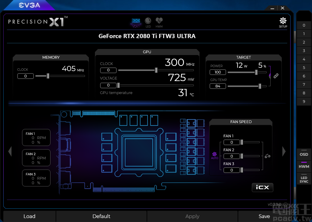 Precision X1 軟體主色調為霓虹紫，GPU 分頁囊括絕大部分功能