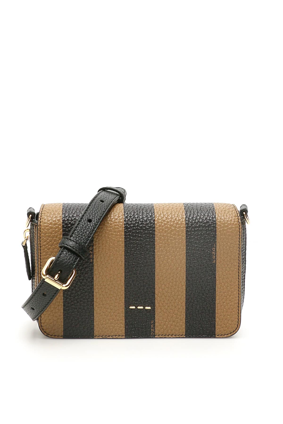 Fendi Pequin-striped mini bag in grained leather with all-over micro logo print. It is expandable wi