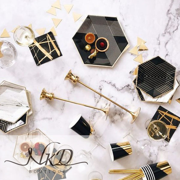 【韓風INS派對用品】奢華黑色燙金大理石 派對餐具一次性叉餐盤紙巾紙杯 聚會生日 8人份