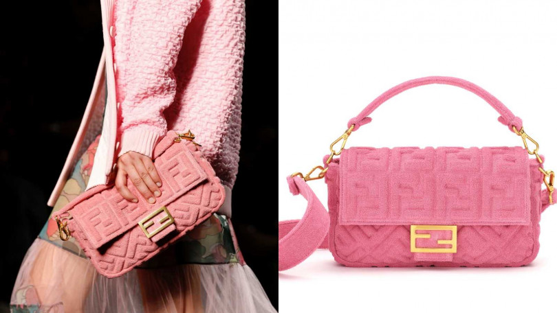 利用材質與立體感，讓經典包款有了全新姿態。FENDI Pink Terrycloth Baguette包／約77,800元（圖／品牌提供）